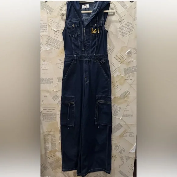 Urban Outfitters LeeAngel Chen Denim Coverall Jumpsuit Hooded Zipper Cargo